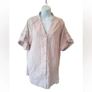 Boho Dusty Rose Pink Striped Button Up Tunic Blouse Cottagecore